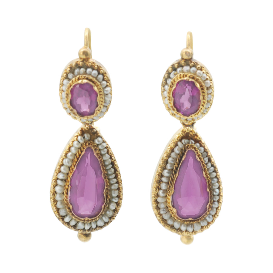 Early Victorian 18ct Yellow Gold Garnet and Pearl Double Drops Earrings.