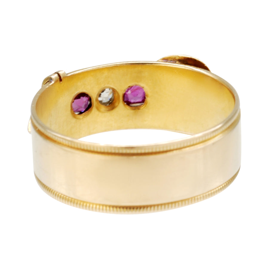 Antique 18ct Yellow Gold, Ruby and Diamond Buckle Ring.