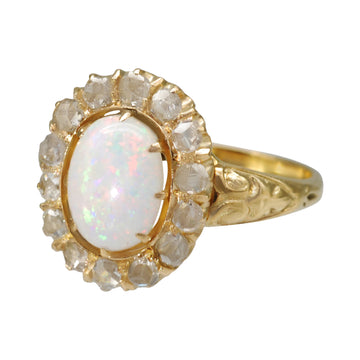 Antique 18ct Yellow Gold Milk Opal and Diamond Ring.