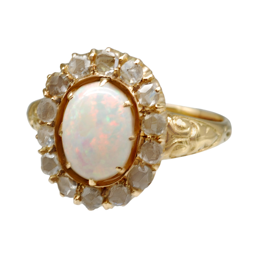 Antique 18ct Yellow Gold Milk Opal and Diamond Ring.