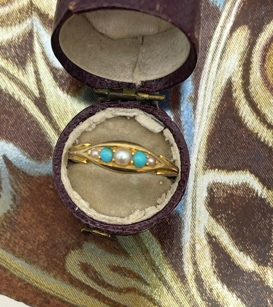 Antique 18ct Yellow Gold Pearl and Turquoise “ Boat “ Ring.
