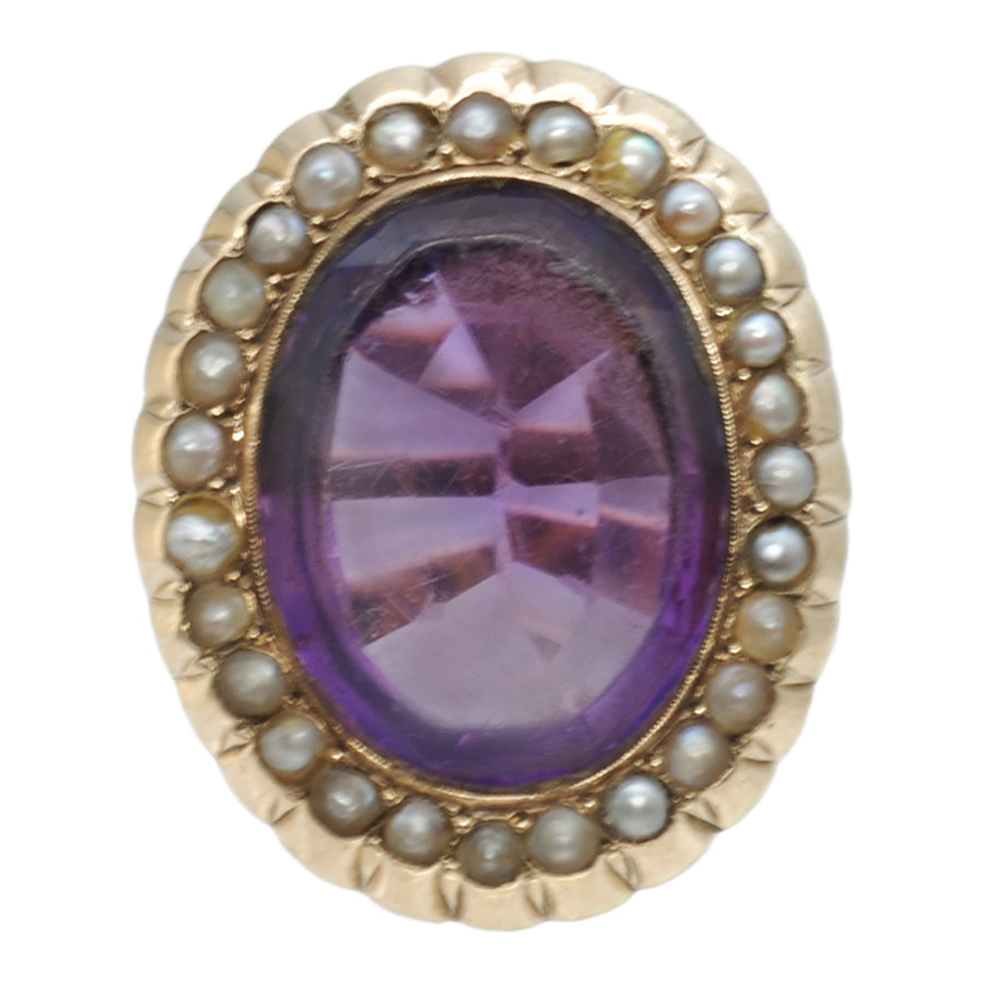 Large Antique Early Victorian Rose Gold Amethyst  and Natural Pearl Ring.