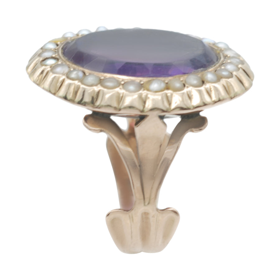 Large Antique Early Victorian Rose Gold Amethyst  and Natural Pearl Ring.