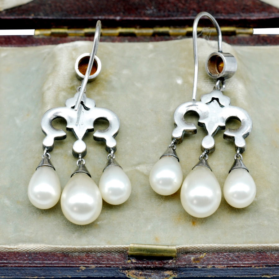 Edwardian Silver and Paste Chandelier Faux Pearl Earrings.