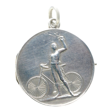 Antique Deco Silver Locket with a Victorious Cyclist