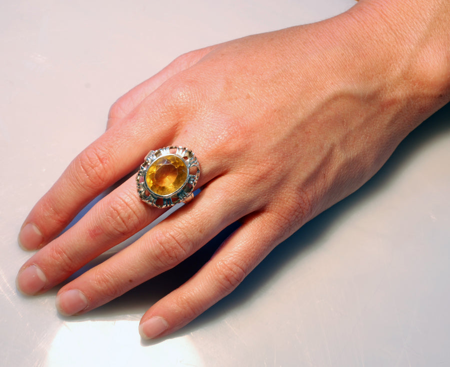 Large Vintage Handmade Citrine and Silver Ring