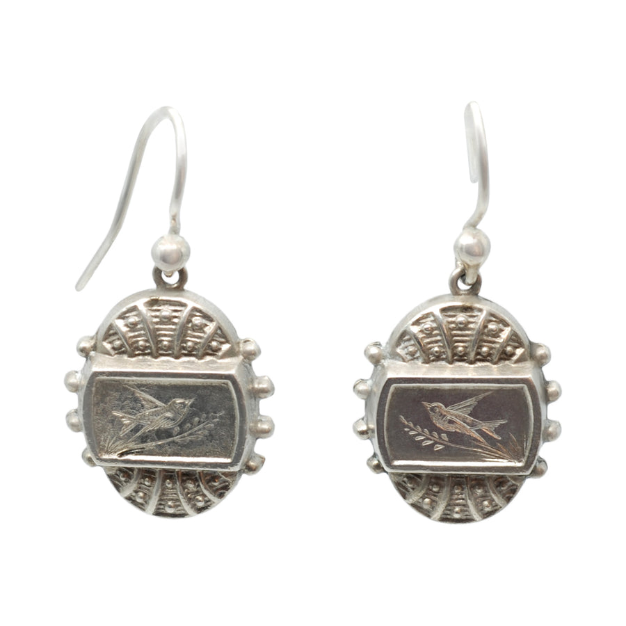 Antique Victorian Silver Oval Earrings with Engraved Birds