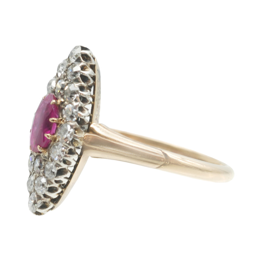 Antique 18ct Gold Diamond and Ruby  Navette  Ring.