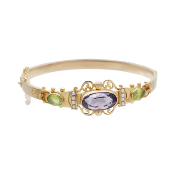 Antique Edwardian 9ct Gold, Amethyst,Peridot and Pearl Suffragette Bangle.