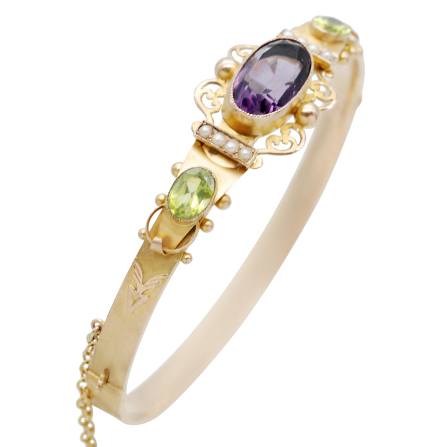 Antique Edwardian 9ct Gold, Amethyst,Peridot and Pearl Suffragette Bangle.
