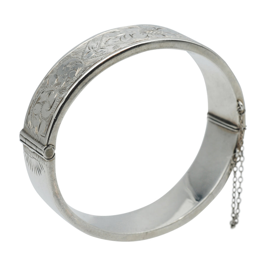 Mid-Century Oval Engraved Silver Cuff Bracelet. Hallmarked Birmingham 1962