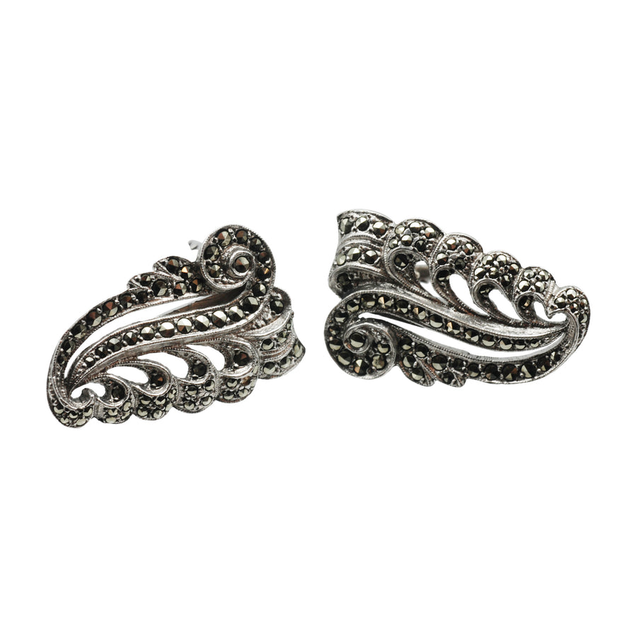 Mid-Century Sterling Silver & Marcasite Double Clip Brooch.