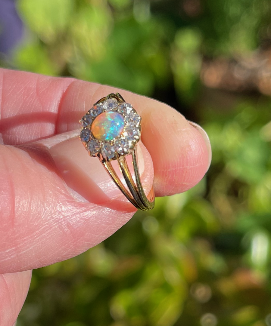 Antique 18ct Yellow Gold and Opal and Diamond Ring